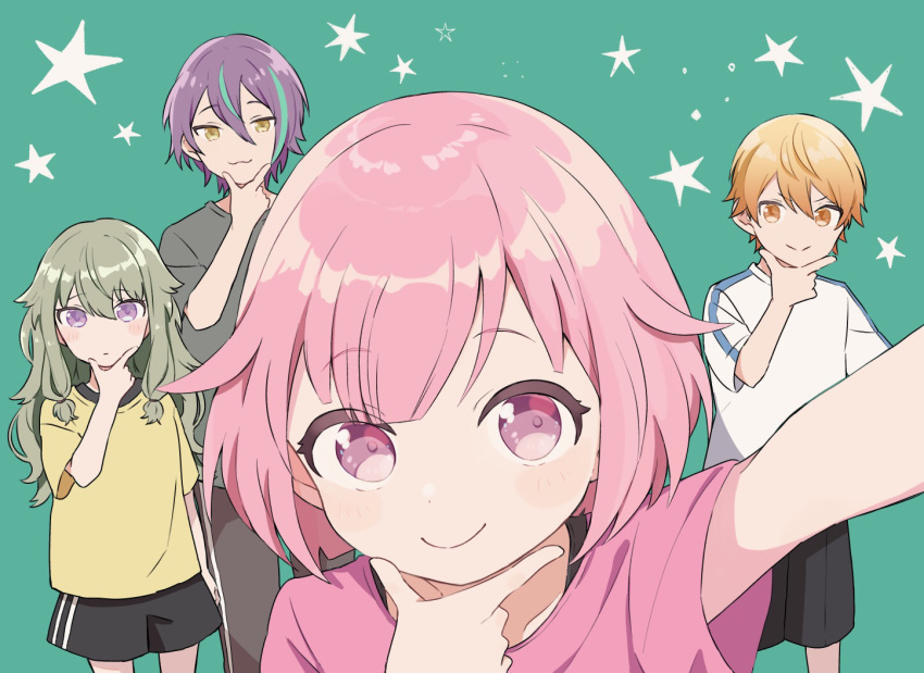 2boys 2girls arm_at_side bangs black_shorts blonde_hair blue_eyes blunt_bangs casual collarbone dolphin_shorts expressionless eyebrows_visible_through_hair flat_chest green_background grey_shirt hand_on_own_chin hand_up height_difference index_finger_raised kamishiro_rui kusanagi_nene light_blush long_hair looking_at_another looking_at_viewer low-tied_long_hair multicolored_hair multiple_boys multiple_girls no_nose ootori_emu orange_eyes outstretched_arm pants parted_lips pink_eyes pink_hair pink_shirt platinum_blonde_hair project_sekai purple_eyes purple_hair selfie shirt short_hair short_sleeves shorts sideways_glance simple_background single_vertical_stripe smile smirk star_(symbol) starry_background streaked_hair suyata tenma_tsukasa track_pants twintails white_shirt yellow_eyes yellow_shirt
