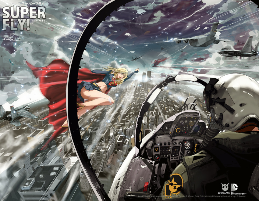 1boy 1girl 2013 aircraft airplane blonde_hair blue_eyes blue_shirt breasts cape city dc_comics english_commentary fighter_jet helmet jet large_breasts looking_back mask medium_hair military military_vehicle motion_lines mouth_mask panties parted_lips pshinobi red_cape shirt signature smile supergirl superhero underwear waving white_panties
