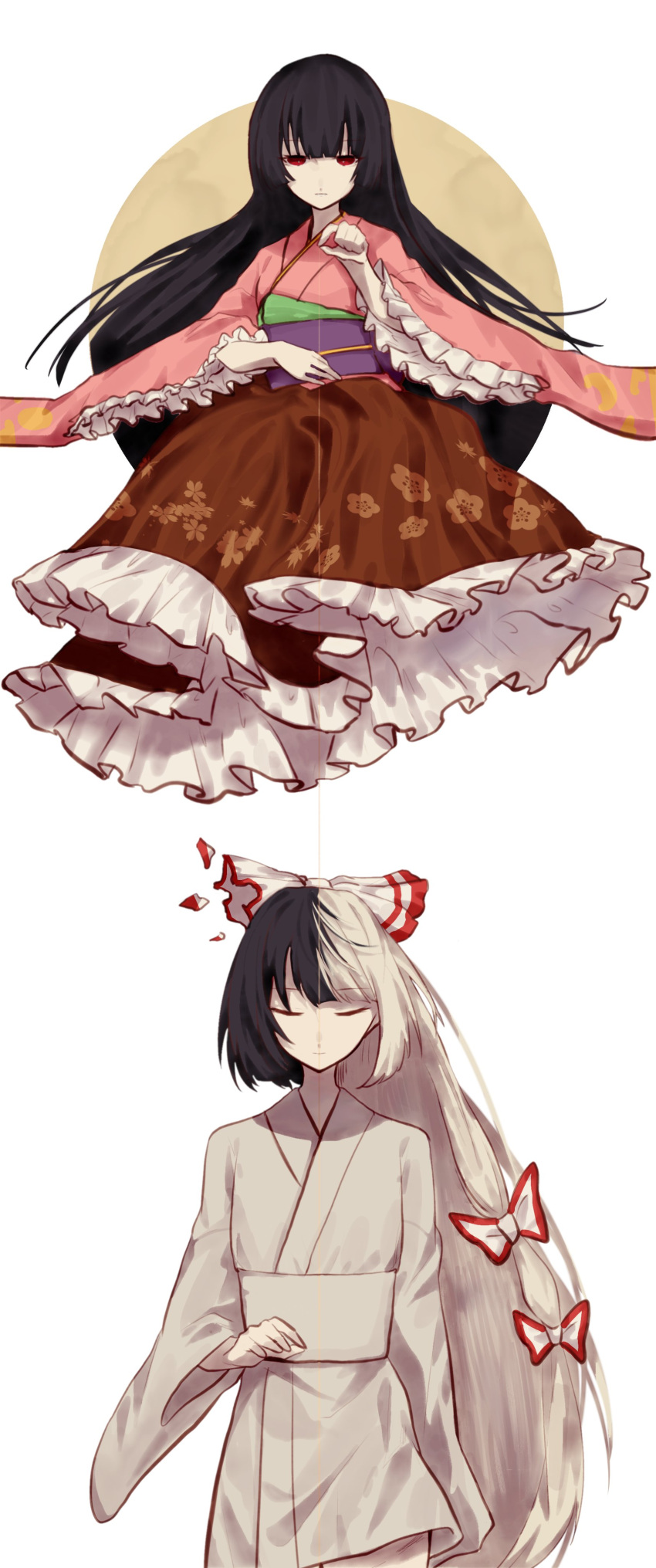 2girls :| absurdres alternate_costume bangs black_hair black_skirt blue_ribbon blunt_bangs bow brown_skirt closed_eyes closed_mouth commentary_request dual_persona expressionless fire floral_print frilled_skirt frills fujiwara_no_mokou fujiwara_no_mokou_(young) green_ribbon grey_bow grey_hair grey_kimono half-closed_eyes hand_up highres hime_cut holding holding_string houraisan_kaguya japanese_clothes kimono long_hair long_skirt long_sleeves looking_at_viewer multicolored_hair multiple_girls obi pink_kimono purple_ribbon red_bow red_eyes red_ribbon ribbon sash short_hair short_kimono sidelocks simple_background skirt somei_ooo standing string torn_bow touhou two-tone_bow two-tone_hair very_long_hair white_background white_bow white_kimono wide_sleeves yellow_ribbon