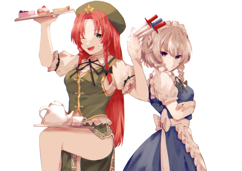 2girls :t absurdres apron aqua_eyes back_bow balancing bangs beret blue_dress blue_eyes blush bow breasts chinese_clothes collared_shirt crossed_arms cup dessert dress food frilled_apron frilled_sleeves frills gold_trim green_headwear green_vest hair_ribbon hat hat_ornament highres holding holding_knife hong_meiling izayoi_sakuya knife knives_between_fingers long_hair looking_at_viewer maid maid_apron maid_headdress medium_breasts medium_hair multiple_girls parted_bangs plate pout puffy_short_sleeves puffy_sleeves red_hair ribbon sash shirt short_sleeves side_slit sidelocks simple_background somei_ooo standing star_(symbol) star_hat_ornament strawberry_shortcake sweatdrop teacup teapot thighs touhou tray tress_ribbon twintails v-shaped_eyebrows vest white_apron white_background white_sash white_shirt wing_collar