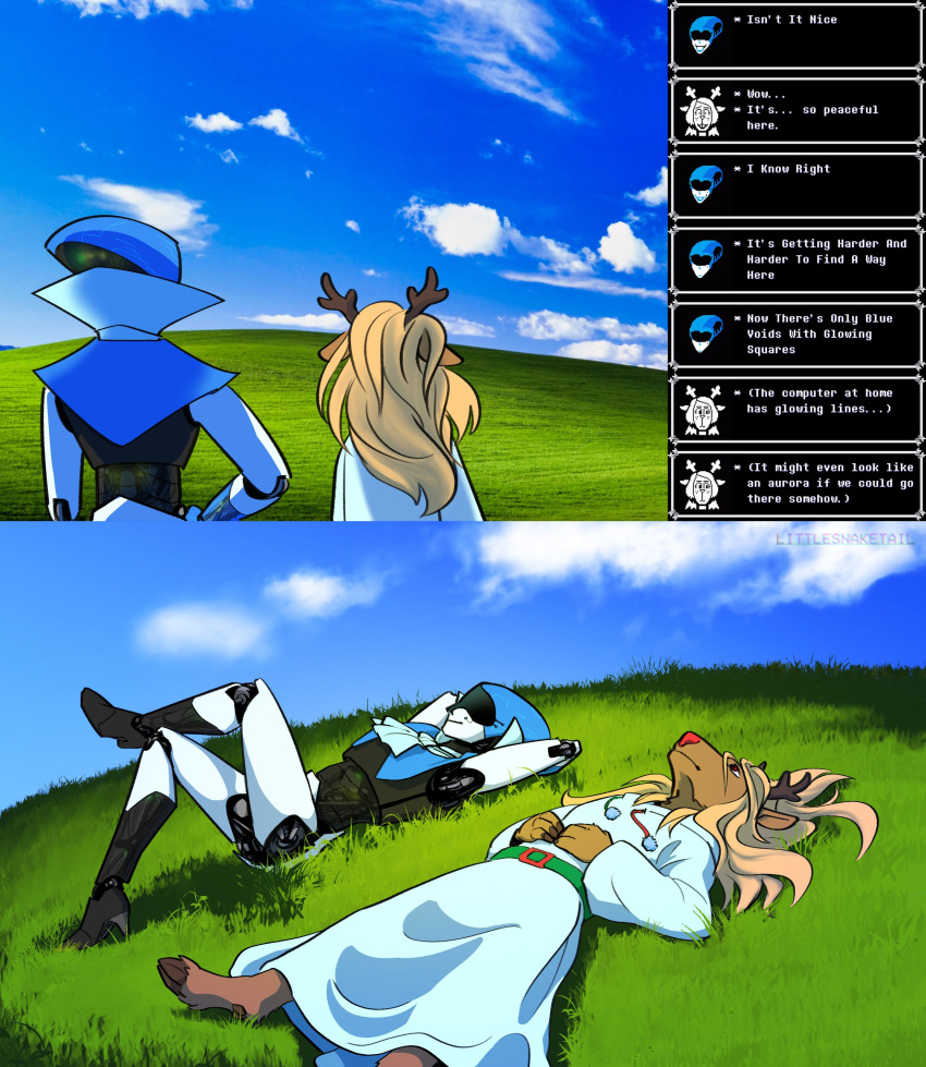 2021 absurd_res anthro antlers bliss_(image) blonde_hair capreoline cervid clothed clothing deltarune detailed_background dialogue duo english_text female hair hi_res horn humanoid littlesnaketail long_hair lying machine mammal microsoft microsoft_windows noelle_holiday on_back outside queen_(deltarune) reindeer robot robot_humanoid signature sky text text_box undertale_(series) video_games windows_xp