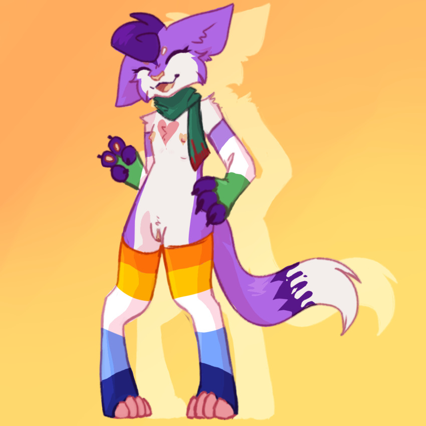 anthro canid canine fox genderqueer_pride_colors genitals gynomorph hi_res intersex mammal pussy solo trashbag_(zokimaga) zokimaga