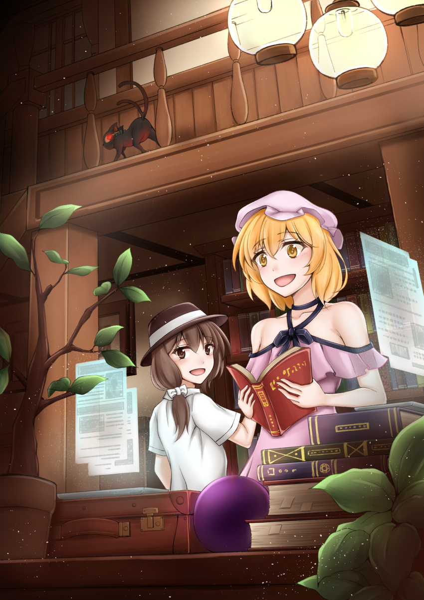 2girls alternate_costume asymmetrical_hair bakeneko blonde_hair book book_stack brown_hair dress fedora from_behind hat highres holographic_interface holographic_monitor indoors kaenbyou_rin kaenbyou_rin_(cat) leaf maribel_hearn mob_cap multiple_girls occult_ball plant purple_dress shirt short_hair short_sleeves smile suitcase touhou usami_renko user_crfm4734 white_shirt wooden_wall