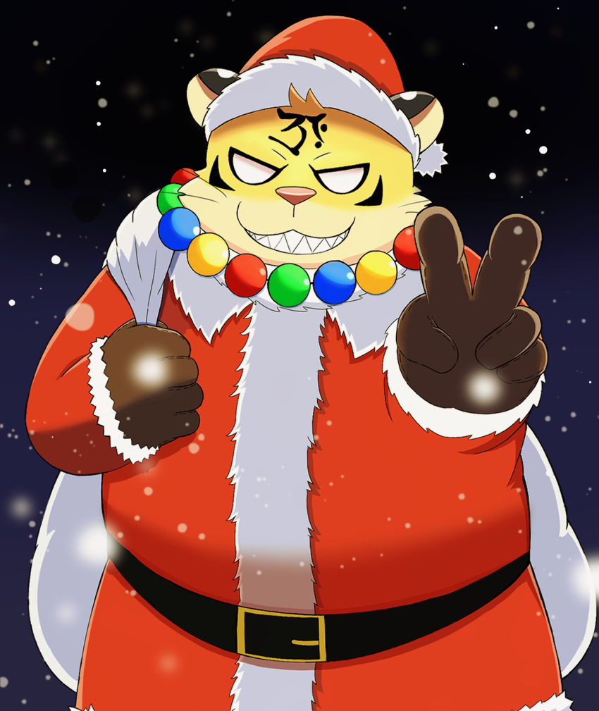 2021 anthro benkei_(the_spicy_ninja_scrolls) christmas christmas_clothing christmas_headwear clothing felid hat headgear headwear hi_res holidays humanoid_hands inugami1837 kemono male mammal outside overweight overweight_male pantherine pink_nose santa_claus santa_hat snow snowing solo the_spicy_ninja_scrolls tiger yellow_body