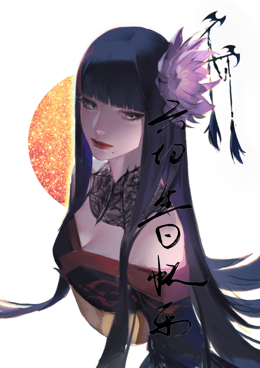 1girl absurdres bangs bare_shoulders bat_hair_ornament black_collar black_hair black_kimono blunt_bangs breasts cleavage collar cropped_torso final_fantasy final_fantasy_xiv flower from_side green_eyes hair_flower hair_ornament highres japanese_clothes kimono lace_collar long_hair looking_to_the_side mole mole_under_mouth obi off-shoulder_kimono red_lips sash shuangbatian signature solo upper_body white_background yotsuyu_(ff14)
