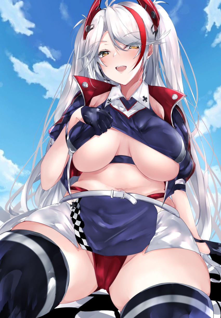 1girl antenna_hair azur_lane breasts checkered_flag clothes_lift cropped_jacket crotch flag gloves highleg highleg_panties highres jacket large_breasts looking_at_viewer miniskirt multicolored_hair mutou_(94753939) navel official_alternate_costume open_clothes open_jacket panties prinz_eugen_(azur_lane) prinz_eugen_(final_lap)_(azur_lane) race_queen skirt sky smile solo thighhighs thighs twintails underboob underwear white_hair yellow_eyes