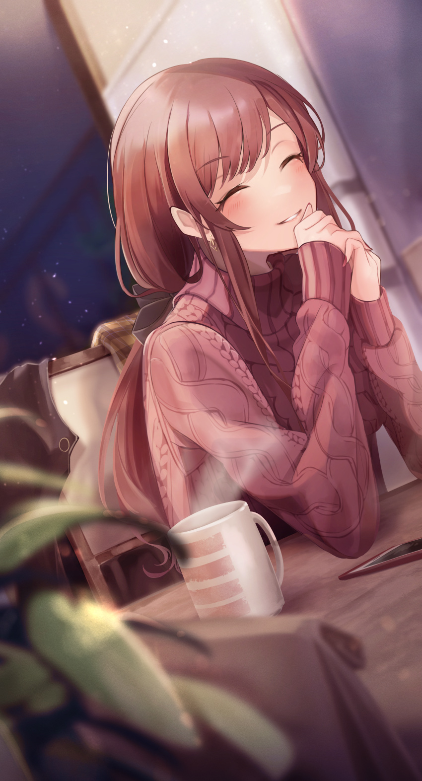 1girl absurdres bangs blurry blurry_foreground blush brown_hair cellphone closed_eyes coffee_mug commentary_request cup dutch_angle earrings eyebrows_visible_through_hair hands_up highres idolmaster idolmaster_shiny_colors indoors jewelry long_hair long_sleeves mug nail_polish odecono3 oosaki_amana parted_lips phone pink_sweater plant smartphone smile solo steam sweater table turtleneck turtleneck_sweater