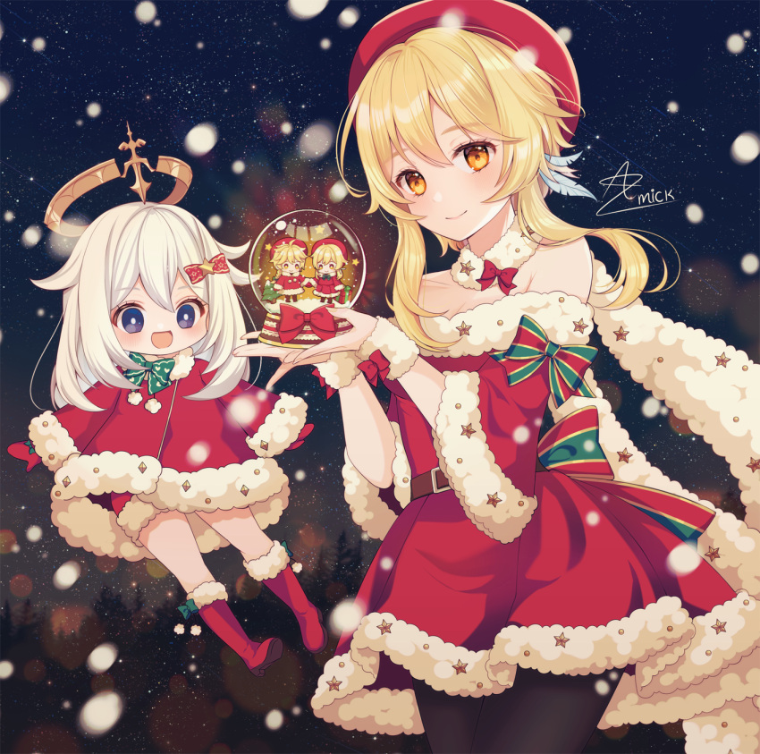 2girls amick_(americanomix) bangs bare_shoulders black_legwear blonde_hair blue_eyes blush boots christmas closed_mouth eyebrows_visible_through_hair genshin_impact gloves hair_ornament hat highres knee_boots long_sleeves looking_at_viewer lumine_(genshin_impact) medium_hair multiple_girls off_shoulder open_mouth orange_eyes paimon_(genshin_impact) pantyhose red_footwear red_gloves red_headwear signature smile snow snow_globe white_hair wide_sleeves