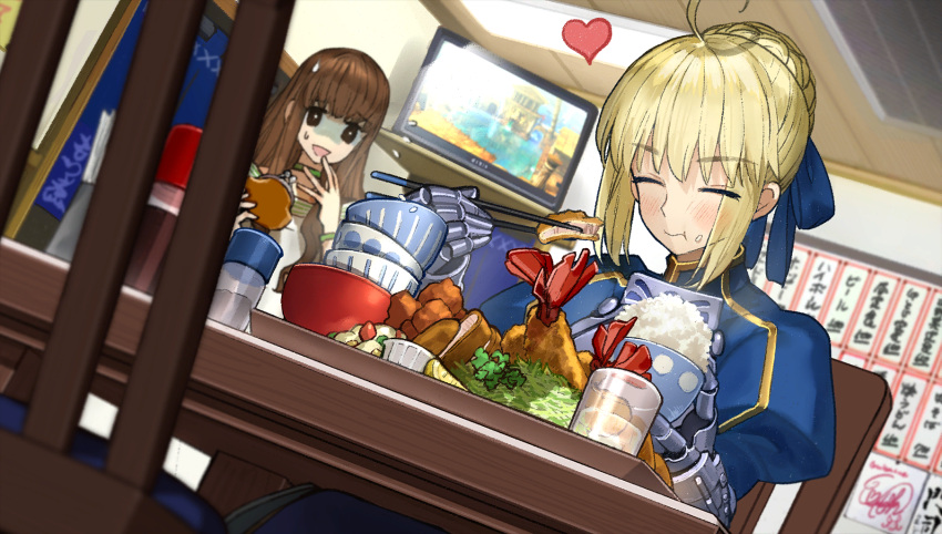 2girls ^^^ ahoge armor armored_dress artoria_pendragon_(fate) bangs black_eyes blonde_hair blue_bow blue_dress blue_ribbon blurry blurry_foreground blush bow bowl bowl_stack brown_hair ceiling_light chair chicken_nuggets chopsticks closed_eyes closed_mouth coin_purse dress eating eyebrows_visible_through_hair fate/extella fate/extra fate_(series) food food_on_face fried_food fruit game_cg gauntlets glass hair_bow hair_ribbon happy heart highres holding holding_bowl holding_chopsticks kishinami_hakuno_(female) lemon lemon_slice looking_at_another multiple_girls nervous_smile non-web_source official_art photoshop_(medium) restaurant ribbon rice rice_on_face room saber salad salt_shaker sitting soy_sauce standing sweat table television tempura wada_arco water white_dress