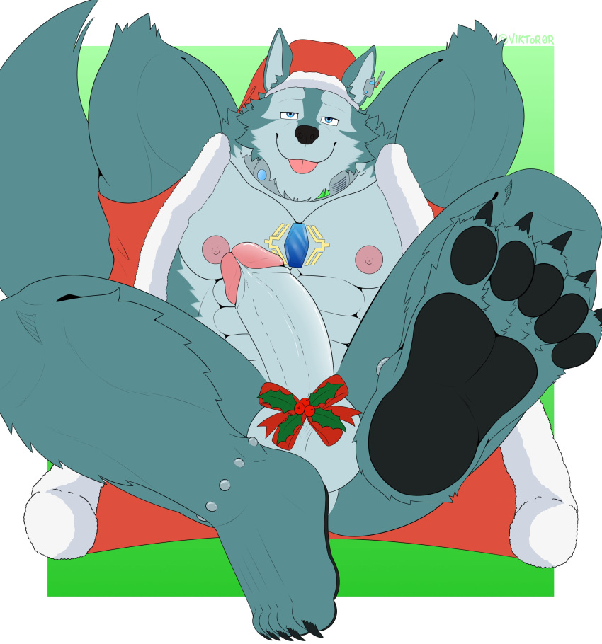 abs absurd_res anthro balls blep breke canid canine canis christmas christmas_clothing clothing erection feet foot_focus genitals gift_wrapped hands_behind_head hi_res holidays lifewonders male mammal muscular muscular_anthro muscular_male nipples nude pawpads pecs penis solo tokyo_afterschool_summoners tongue tongue_out video_games viktor0r wolf