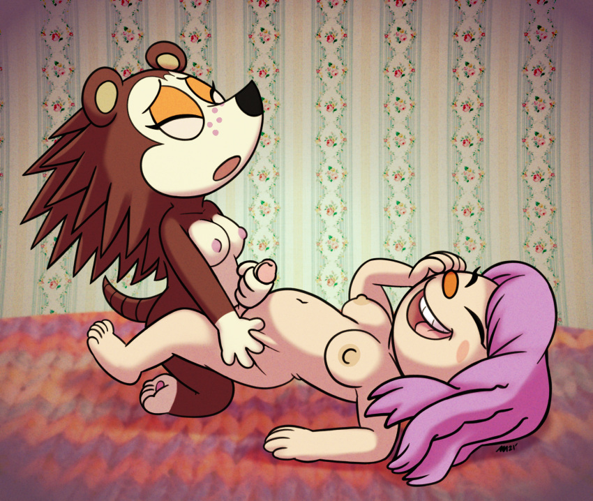 4_hands 4_toes 5_fingers 5_toes animal_crossing annie-mae anthro black_nose breasts brown_body brown_fur carpet detailed_background duo eulipotyphlan eyelashes eyelids eyes_closed feet female fingers floor freckles fur genitals hair hand_on_face hand_on_head hand_on_hip hand_on_penis handjob happy happy_sex hedgehog hi_res human human_to_anthro intersex intersex/female light lighting lying makeup mammal medium_breasts multi_hand navel nintendo nipples open_mouth paws penile penis pink_nipples purple_hair sable_able sex small_breasts species_transformation teeth toes tongue trans_(lore) trans_woman_(lore) transformation video_games villager_(animal_crossing) wallpaper_(decoration) white_body white_fur