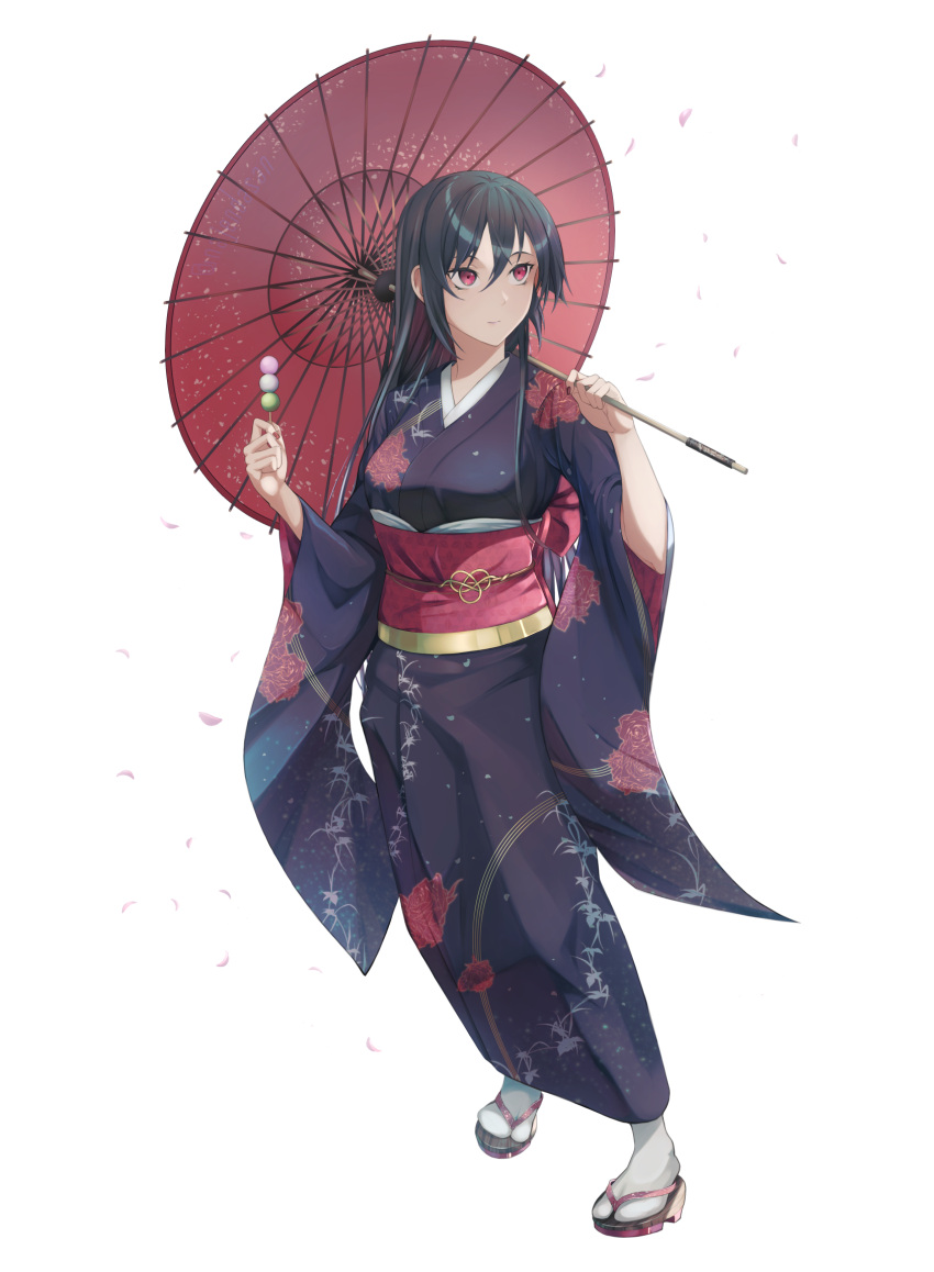 1girl akame akame_ga_kill! bangs black_hair clogs dango food hair_between_eyes happy highres holding holding_food holding_umbrella japanese_clothes kanpiro kimono long_hair petals red_eyes simple_background solo umbrella wagashi white_background