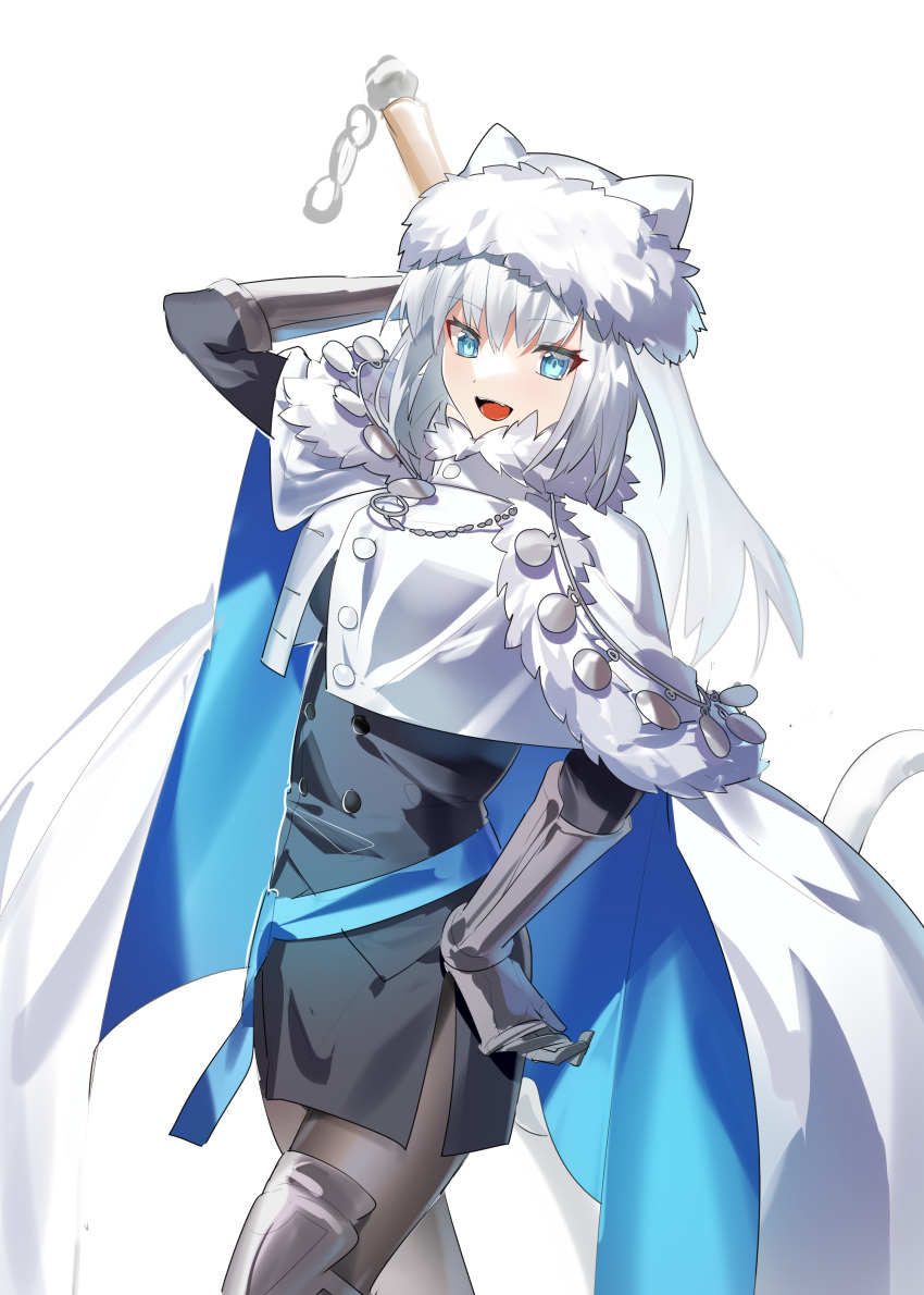1girl absurdres animal_ears armored_boots bangs blue_bow blue_eyes blue_ribbon blush boots bow breasts brown_legwear buttons cape capelet cat_ears cat_girl cat_tail crop_top crop_top_overhang dobrynya_nikitich_(fate) dress fate/grand_order fate_(series) fur-trimmed_capelet fur-trimmed_headwear fur_trim gauntlets grape_(pixiv27523889) grey_dress hair_bow hat highres knee_boots large_breasts long_hair long_sleeves looking_at_viewer low_ponytail mace open_mouth pantyhose ribbon short_dress smile solo tail thighs weapon white_cape white_capelet white_hair white_headwear