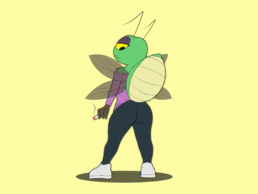 ambiguous_gender antennae_(anatomy) anthro arthropod arthropod_abdomen butt cigarette clothing creature_sp footwear hi_res insect insect_wings legwear looking_back nonbinary_(lore) pink_clothing pink_shirt pink_topwear shadow shirt shoes simple_background smile smoke solo sweater tights topwear wings yellow_eyes