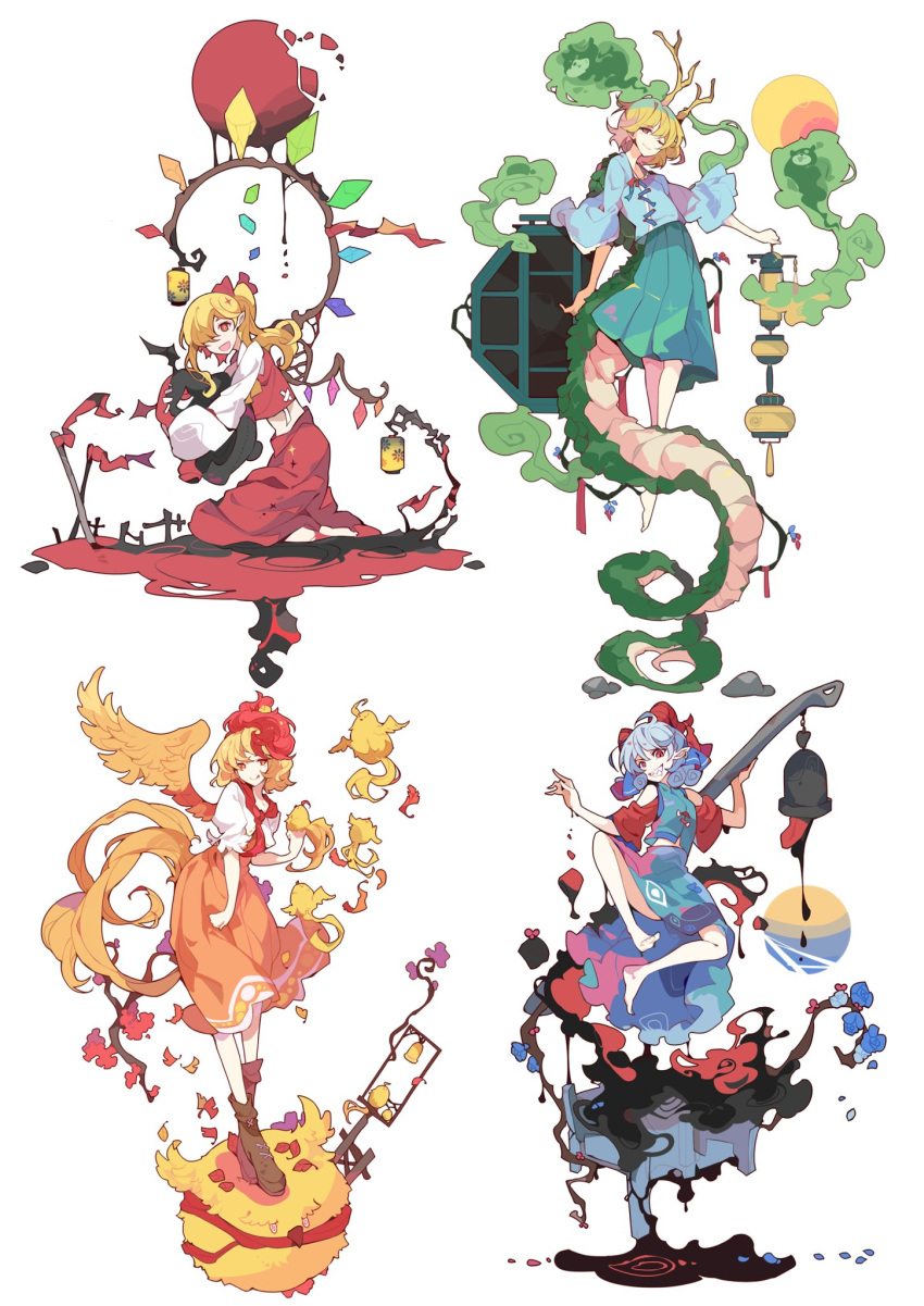 4girls animal animal_ears antlers arms_up ascot bandaid bangs bare_shoulders barefoot bird blonde_hair blue_bow blue_flower blue_ribbon blue_rose blue_shirt blue_skirt bow branch capelet chick closed_mouth collar collared_shirt colored_skin crystal dragon_tail dress eyebrows_visible_through_hair flandre_scarlet flower flying green_skirt grey_hair hair_between_eyes hair_ribbon hands_up highres horns ideolo jewelry kicchou_yachie long_skirt long_sleeves looking_at_another looking_at_viewer looking_down looking_to_the_side moon multicolored_hair multicolored_wings multiple_girls niwatari_kutaka no_hat no_headwear off-shoulder_shirt off_shoulder one_eye_closed orange_dress orange_eyes otter otter_ears otter_spirit_(touhou) pink_flower ponytail puffy_long_sleeves puffy_sleeves red_eyes red_hair red_ribbon red_skirt red_vest ribbon rose seiza sharp_teeth shirt short_hair short_sleeves side_ponytail simple_background sitting skirt spirit spoon standing star_(symbol) tail teeth tongue tongue_out touhou toutetsu_yuuma toy turtle_shell vest wavy_hair weapon white_background white_shirt wide_sleeves window wings yellow_ascot yellow_skin