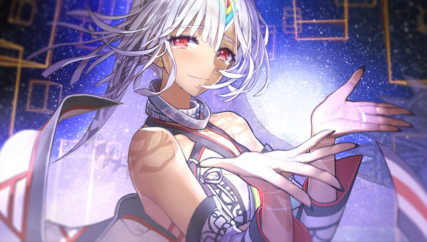 1girl altera_(fate) bare_shoulders black_nails choker closed_mouth crying crying_with_eyes_open dark-skinned_female dark_skin detached_sleeves eyebrows_visible_through_hair fate/extella fate/extra fate_(series) game_cg highres looking_at_viewer non-web_source official_art photoshop_(medium) red_eyes silver_hair smile solo tearing_up tears veil wada_arco white_hair