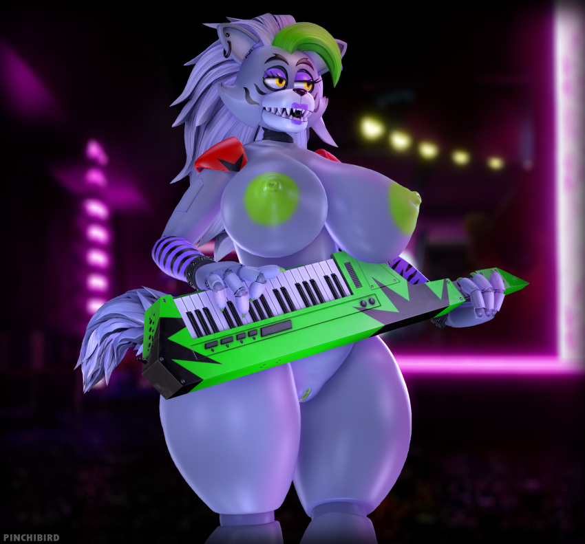 3d_(artwork) animatronic anthro areola big_breasts breasts canid canine canis claws digital_media_(artwork) ear_piercing ear_ring eyebrows eyelashes female finger_claws five_nights_at_freddy's five_nights_at_freddy's:_security_breach genitals green_areola green_hair green_nipples green_pussy hair hi_res keyboard_instrument lipstick machine makeup mammal musical_instrument nipples nude piercing pinchibird pussy robot roxanne_wolf_(fnaf) scottgames sharp_teeth solo source_filmmaker teeth thick_thighs video_games wolf yellow_eyes