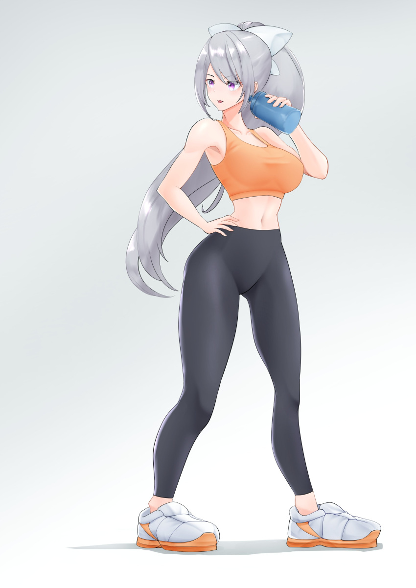 1girl absurdres bangs black_pants bow bra breasts curvy full_body gradient gradient_background grey_hair hair_bow hand_on_hip highres higuchi_kaede large_breasts long_hair looking_to_the_side midriff navel nijisanji orange_bra osyake_illust pants ponytail purple_eyes shoes simple_background sneakers solo sports_bra sports_drink sportswear standing swept_bangs underwear very_long_hair virtual_youtuber white_background white_bow white_footwear yoga_pants