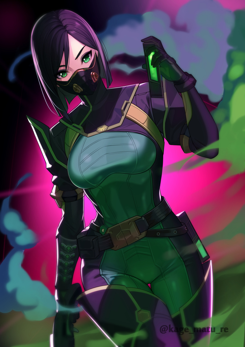 1girl absurdres belt bob_cut bodysuit boots breasts covered_mouth cowboy_shot dutch_angle green_bodysuit green_eyes gun hand_up highres holding holding_gun holding_weapon kagematsuri looking_at_viewer mask medium_breasts medium_hair mouth_mask purple_hair skin_tight smoke solo standing thigh_boots thigh_gap thighhighs valorant viper_(valorant) weapon