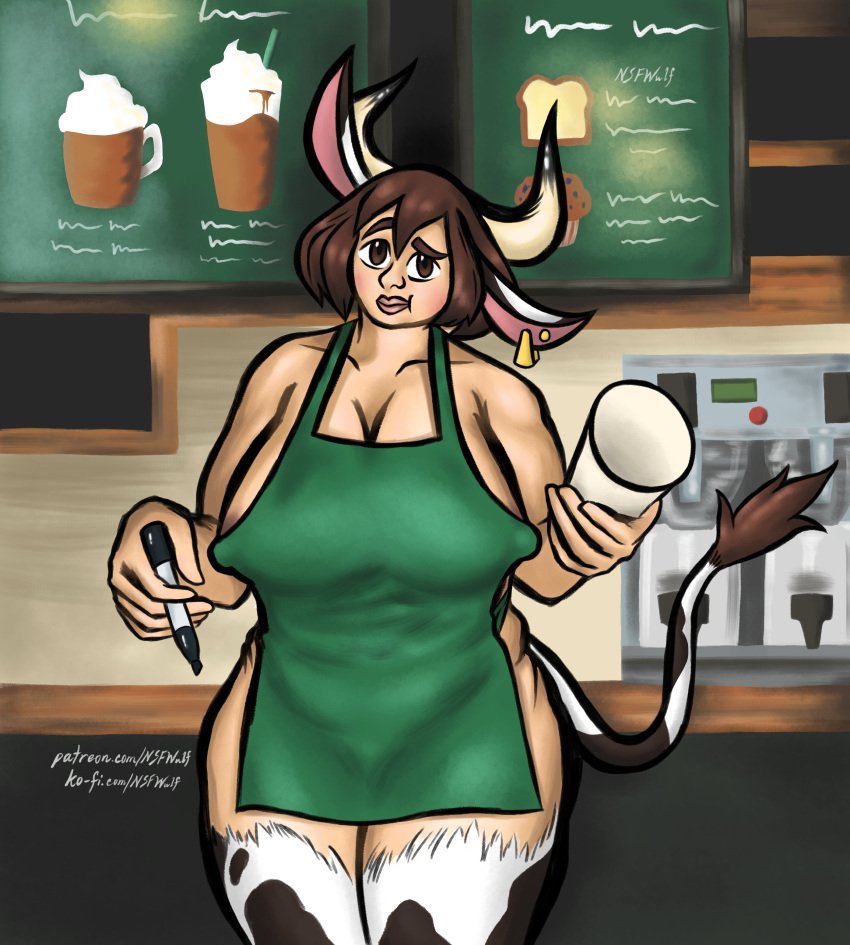 absurd_res animal_humanoid animal_print appliance apron apron_only areola areola_slip big_breasts bovid bovid_humanoid bovine bovine_humanoid breasts brown_eyes brown_hair cleavage clothed clothing coffee_cup coffee_machine coffee_maker coffee_shop container cow_print cup ear_piercing ear_ring erect_nipples eyebrows female hair hi_res horn humanoid i_mean_breast_milk kitchen_appliance ko-fi lips looking_at_viewer mammal mammal_humanoid meme mostly_nude nipple_outline nipples nipples_through_clothes nsfwulf patreon pen piercing pinup pose raised_eyebrow solo starbucks starbucks_meme tail_tuft text thick_lips thick_thighs tuft url wide_hips