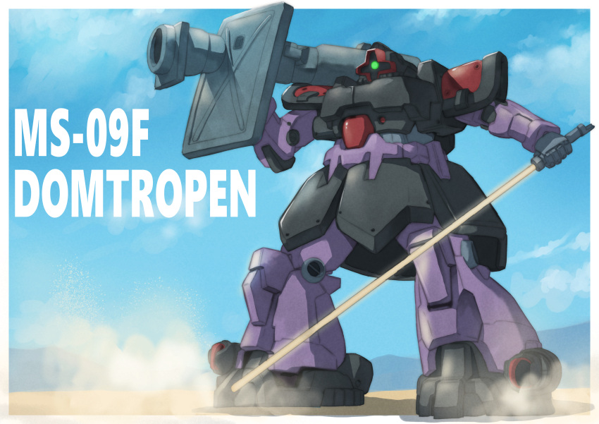 absurdres bazooka_(gundam) beam_saber border character_name cloud dom_tropen glowing glowing_eye green_eyes grey_border gun gundam gundam_0083 highres holding holding_gun holding_sword holding_weapon k_katora mecha one-eyed sky solo sword weapon zeon