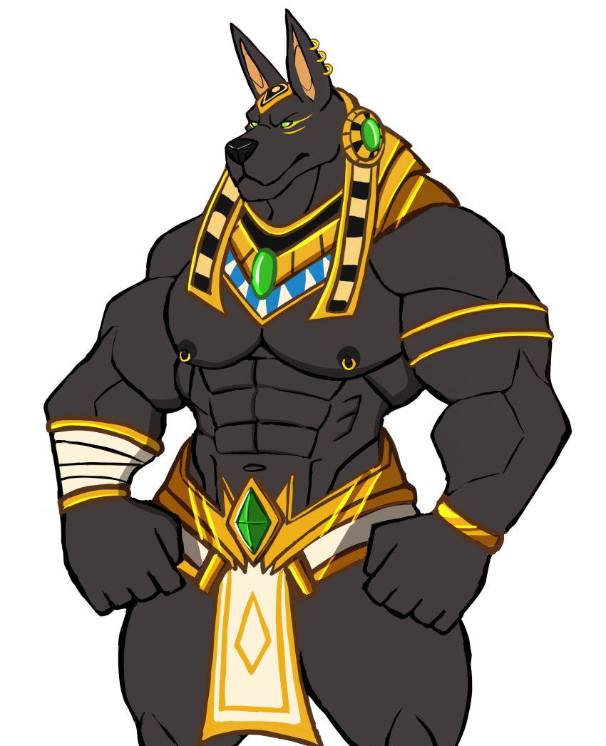 2021 abs absurd_res anthro anubian_jackal anubis arm_wraps armband big_muscles black_body bottomwear canid canine canis clothed clothing darknaigart deity ear_piercing ear_ring egyptian egyptian_mythology facial_markings gem gold_(metal) green_sclera head_markings headdress hi_res huge_muscles jackal loincloth male mammal markings middle_eastern_mythology muscular muscular_anthro muscular_male mythology navel nipple_piercing nipple_ring nipples obliques pecs piercing simple_background solo standing thick_thighs topless topless_anthro topless_male white_background wraps