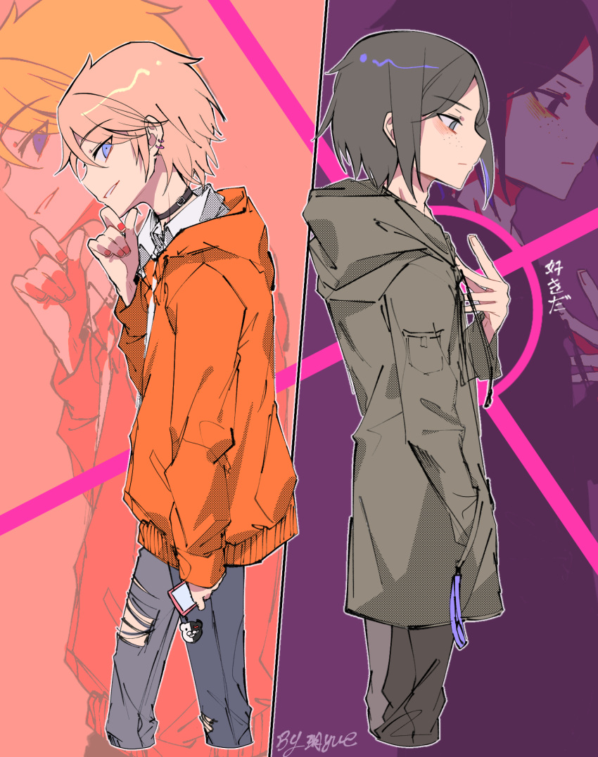 2boys alternate_costume bangs black_choker black_hair blue_eyes cellphone cellphone_charm charm_(object) choker closed_mouth coat commentary_request cropped_legs danganronpa:_trigger_happy_havoc danganronpa_(series) denim ear_piercing enoshima_junko eyebrows_visible_through_hair freckles from_side genderswap genderswap_(ftm) highres holding holding_phone hood hood_down ikusaba_mukuro jacket jeans male_focus monokuma multiple_boys orange_jacket pants phone piercing pink_hair profile shemika98425261 signature simple_background smartphone torn_clothes torn_jeans torn_pants zoom_layer