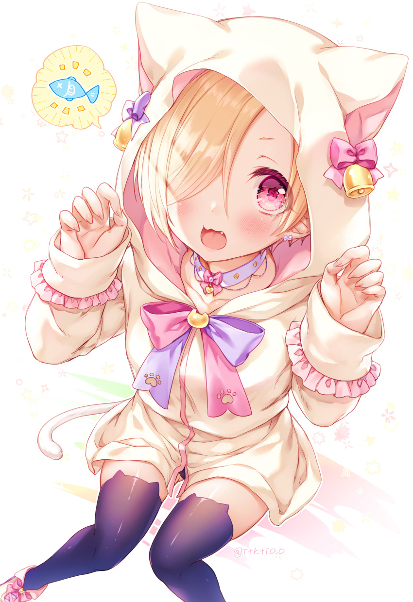 absurdres animal_ear_headwear bell blonde_hair bow bow_earrings choker earrings fang fingernails fish highres hood hoodie idolmaster idolmaster_cinderella_girls itsuki_jun jewelry lace_trim one_eye_covered open_mouth paw_print pink_bow pink_footwear pink_ribbon purple_bow red_eyes ribbon shirasaka_koume signature simple_background sleeves_past_wrists speech_bubble thighhighs thighs tongue white_background white_hoodie