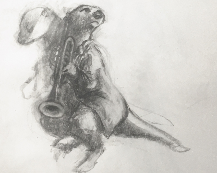 2021 ambiguous_gender anthro brass_instrument clothed clothing coat duo frown lutrine mammal musical_instrument musician mustelid oddwilds topwear traditional_media_(artwork) trumpet wind_instrument