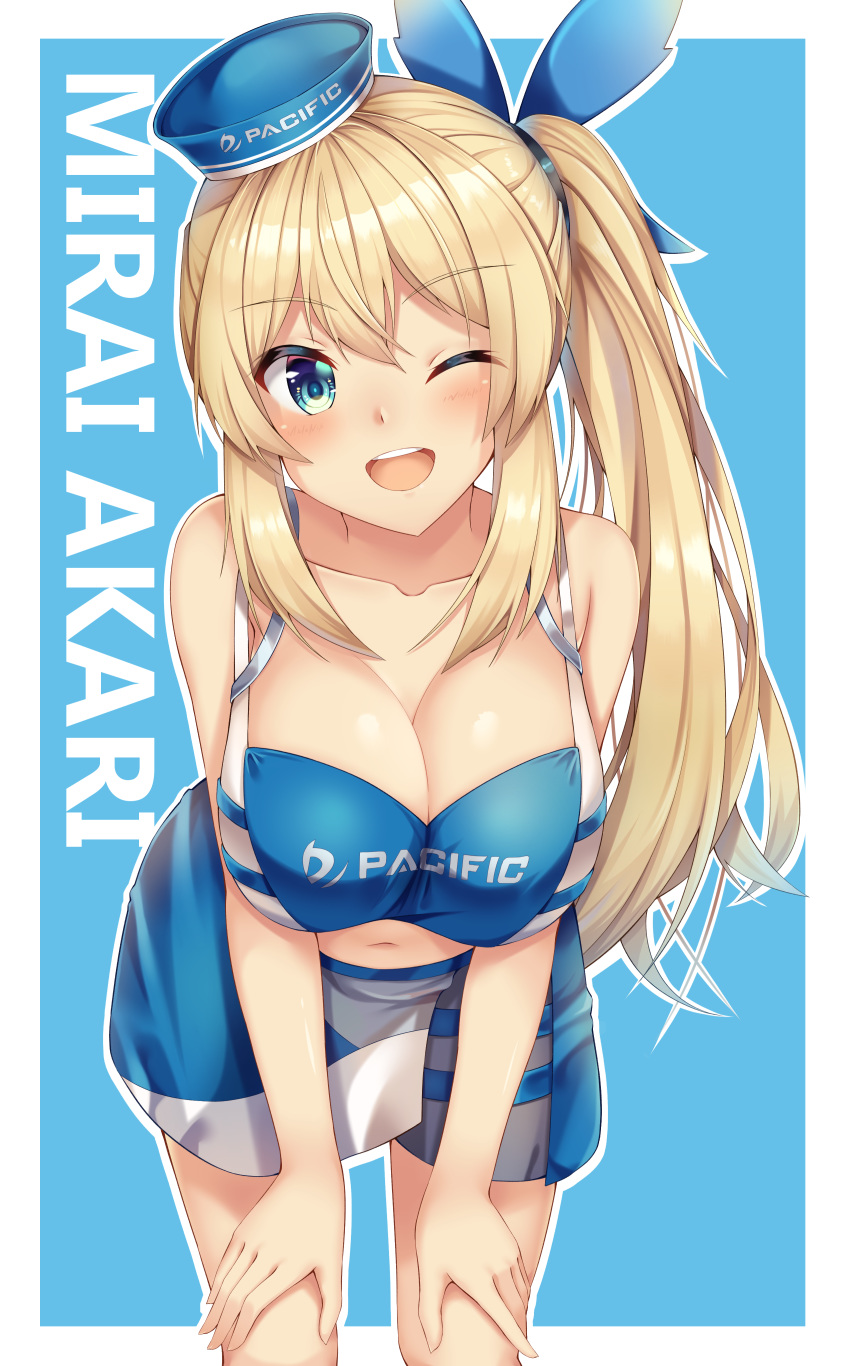 1girl ;d absurdres amagi_korona bangs bare_shoulders blonde_hair blue_eyes blue_hat blue_ribbon blue_shirt blue_shorts blush breasts character_name cleavage clothes_writing collarbone commentary_request copyright_name crop_top eyebrows_visible_through_hair hair_between_eyes hair_ribbon hands_on_own_thighs hat head_tilt highres large_breasts leaning_forward legs_apart long_hair looking_at_viewer midriff mini_hat mirai_akari mirai_akari_project navel one_eye_closed open_mouth race_queen ribbon shirt short_shorts shorts side_ponytail sidelocks sleeveless sleeveless_shirt smile solo standing thighs tilted_headwear upper_teeth v-shaped_eyebrows virtual_youtuber