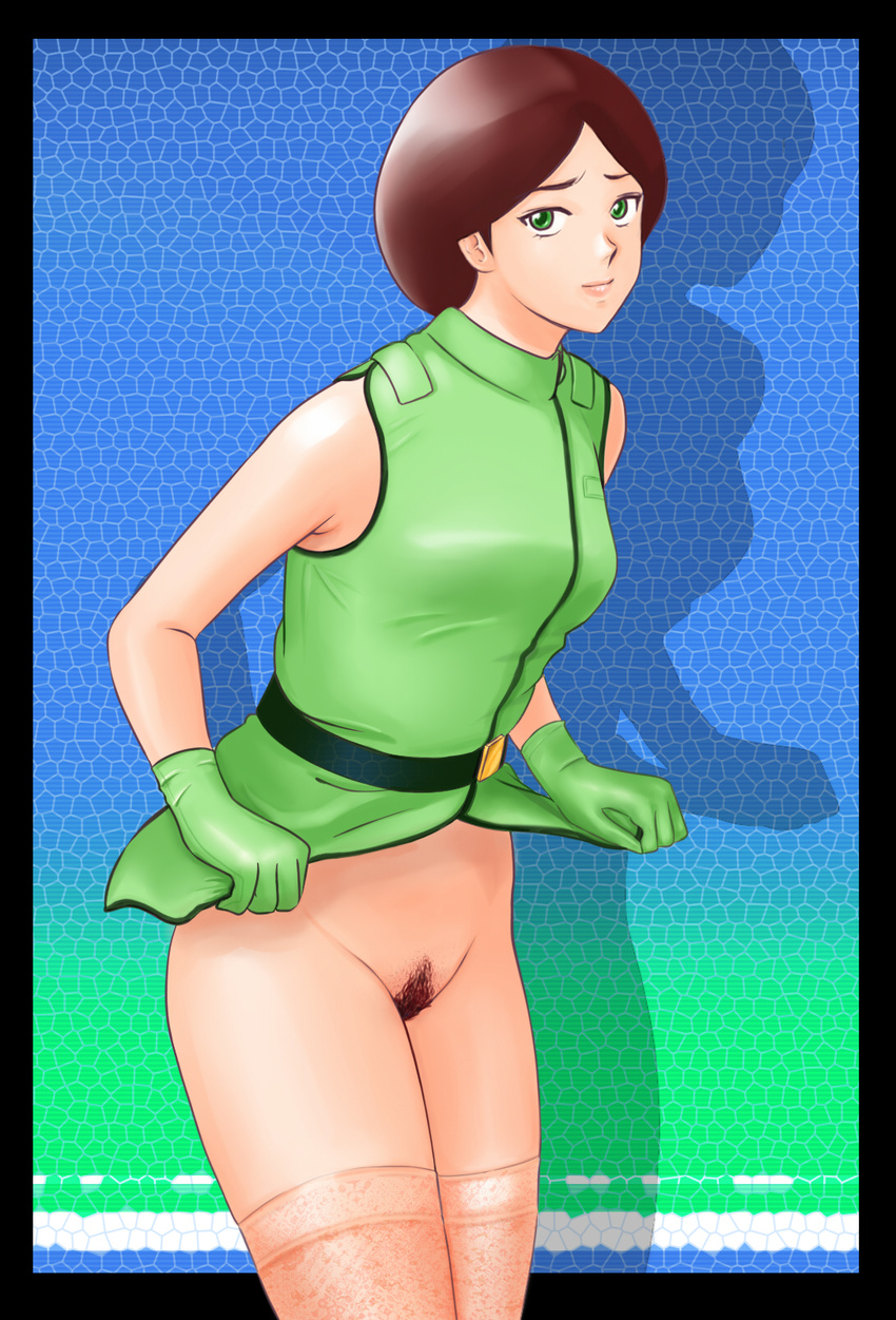 alternate_legwear bottomless brown_hair emma_sheen gabu gloves green_eyes gundam highres pubic_hair solo thighhighs zeta_gundam