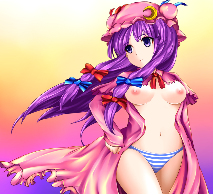 bad_id bad_pixiv_id breasts crescent dress hat highres long_hair medium_breasts nipples open_clothes open_dress panties patchouli_knowledge purple_eyes purple_hair ribbon solo striped striped_panties touhou underwear yoshimo