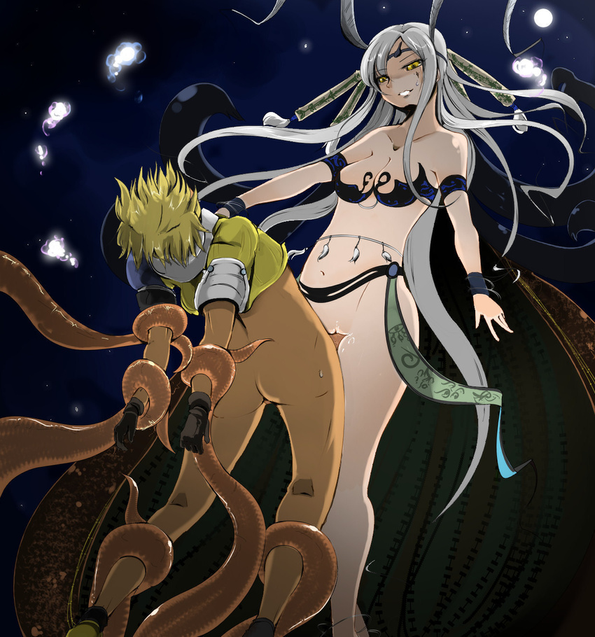 assertive bikini_armor blonde_hair final_fantasy final_fantasy_x grey_hair highres long_hair moon night poorly_drawn sex short_hair tentacle tentacles_on_male tidus vaginal yellow_eyes yunalesca zinger_(excess_m) zzinzinz