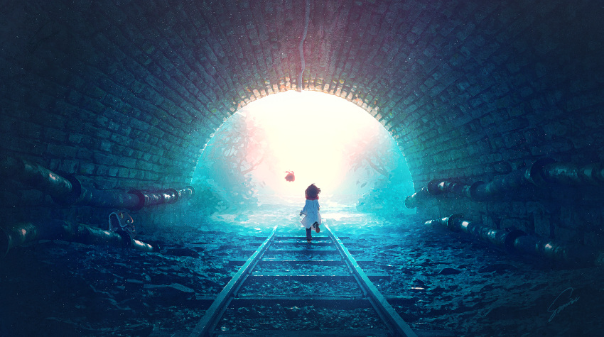 1girl backpack bag branch child cowlick highres leaf medium_hair original pipe railroad_tracks ruins running scenery shoes solo sunlight syanisu tree tunnel