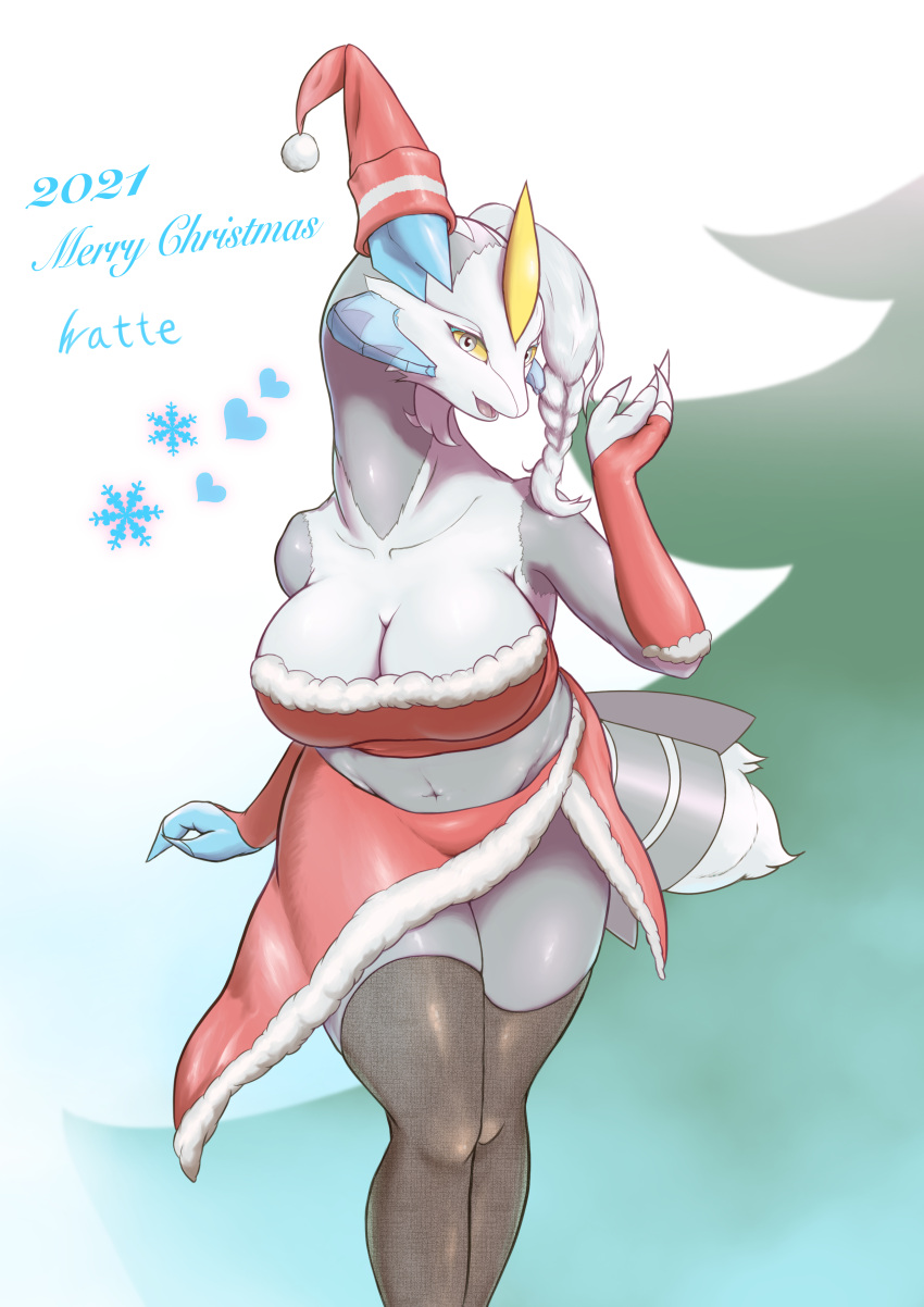 3_fingers absurd_res anthro asymmetry breasts christmas christmas_clothing christmas_headwear clawed_fingers claws clothing costume dragon female fingers fur grey_body grey_skin hair hat headgear headwear hi_res holidays horn ice kyurem legendary_pok&eacute;mon long_neck looking_at_viewer navel nintendo non-mammal_breasts open_mouth pok&eacute;mon pok&eacute;mon_(species) santa_costume santa_dress santa_hat shirokyure_(watte) simple_background solo stoking text tied_hair video_games watte white_hair white_kyurem yellow_eyes