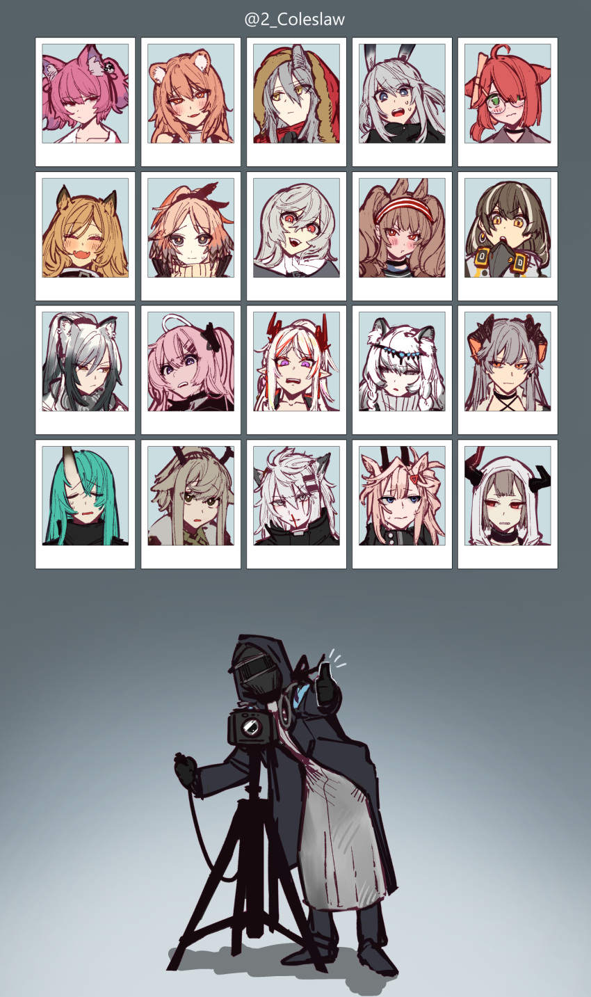 1other 6+girls :d :t absurdres ahoge animal_ear_fluff antique_camera antlers arknights black_eyes black_gloves blood blue_eyes blush brown_hair character_request closed_eyes closed_mouth coat covered_face doctor_(arknights) embarrassed everyone fangs glasses gloves green_eyes grey_hair hairband head_tilt helmet highres hood hood_up horns horns_through_headwear hoshiguma_(arknights) looking_at_viewer looking_away medium_hair mirin_chikuwa multicolored_hair multiple_girls nosebleed notice_lines open_mouth orange_eyes orange_hair parted_lips pink_eyes pointy_ears ponytail portrait pout purple_eyes red_hair round_eyewear skin_fangs smile streaked_hair taking_picture thumbs_up twintails twitter_username white_hair wide-eyed yellow_eyes