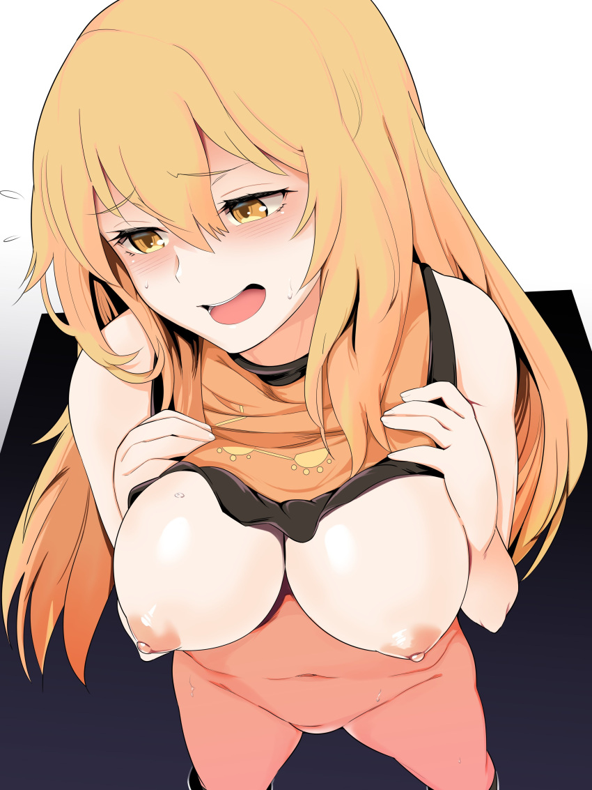 1girl \||/ absurdres areolae bangs banned_artist black_footwear blonde_hair blush boots collarbone constellation_print eyelashes fingernails from_above furrowed_brow groin hands_on_own_chest hekiga_(freelot) highres long_hair looking_to_the_side matara_okina naked_tabard navel no_bra open_mouth puffy_nipples sidelocks solo standing stomach sun_print sweatdrop tabard teeth thighs tongue touhou upper_teeth yellow_eyes