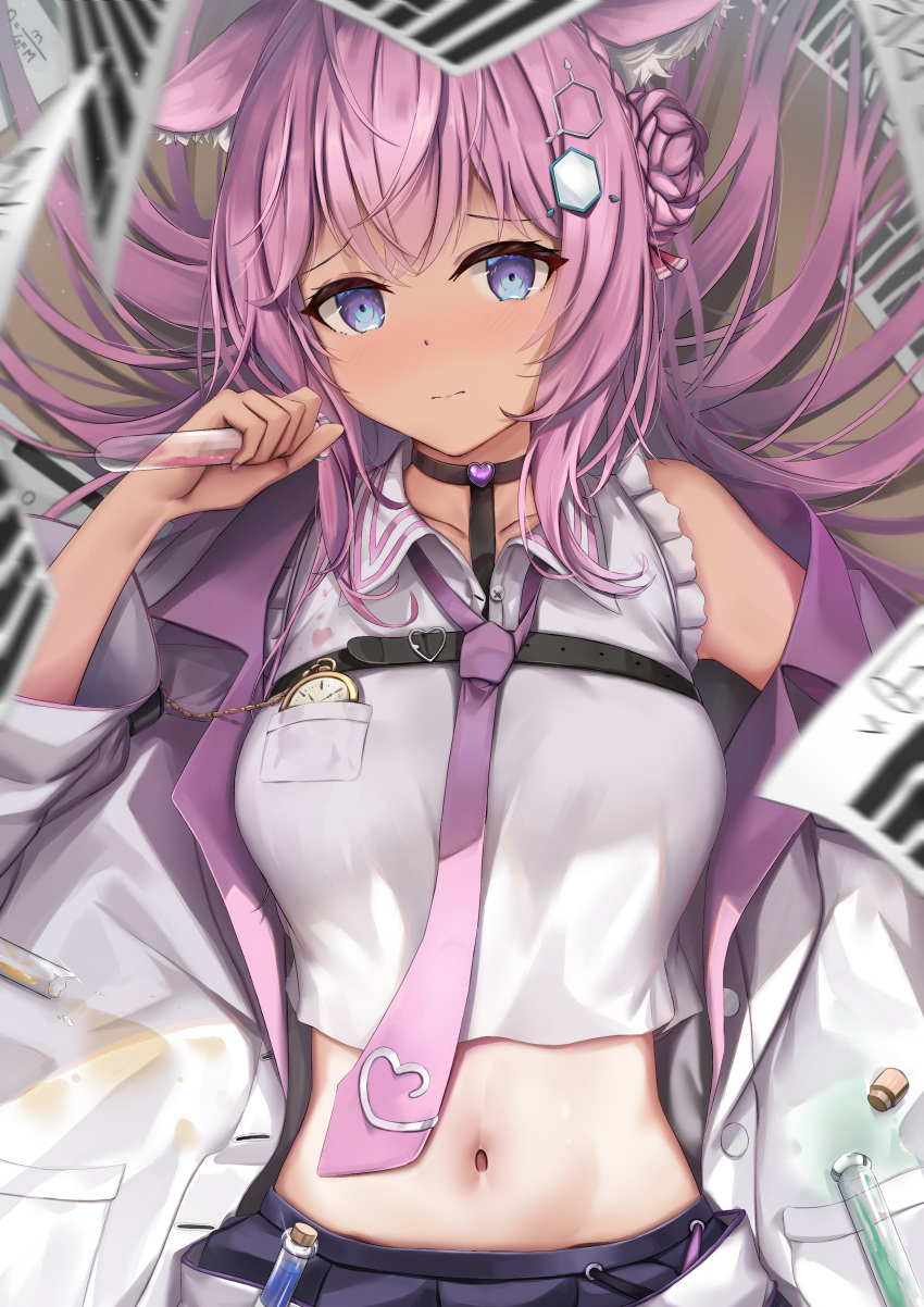1girl absurdres animal_ear_fluff animal_ears bangs belt black_belt blush braid braided_bun breasts closed_mouth collared_shirt commentary crop_top eyebrows_visible_through_hair hair_ornament hakui_koyori hand_up highres holding holding_test_tube hololive labcoat large_breasts long_hair long_sleeves looking_at_viewer lying midriff navel necktie off_shoulder on_back paper pink_hair pink_necktie pocket_watch purple_eyes shirt skai_kun sleeveless sleeveless_shirt solo test_tube upper_body virtual_youtuber watch white_shirt