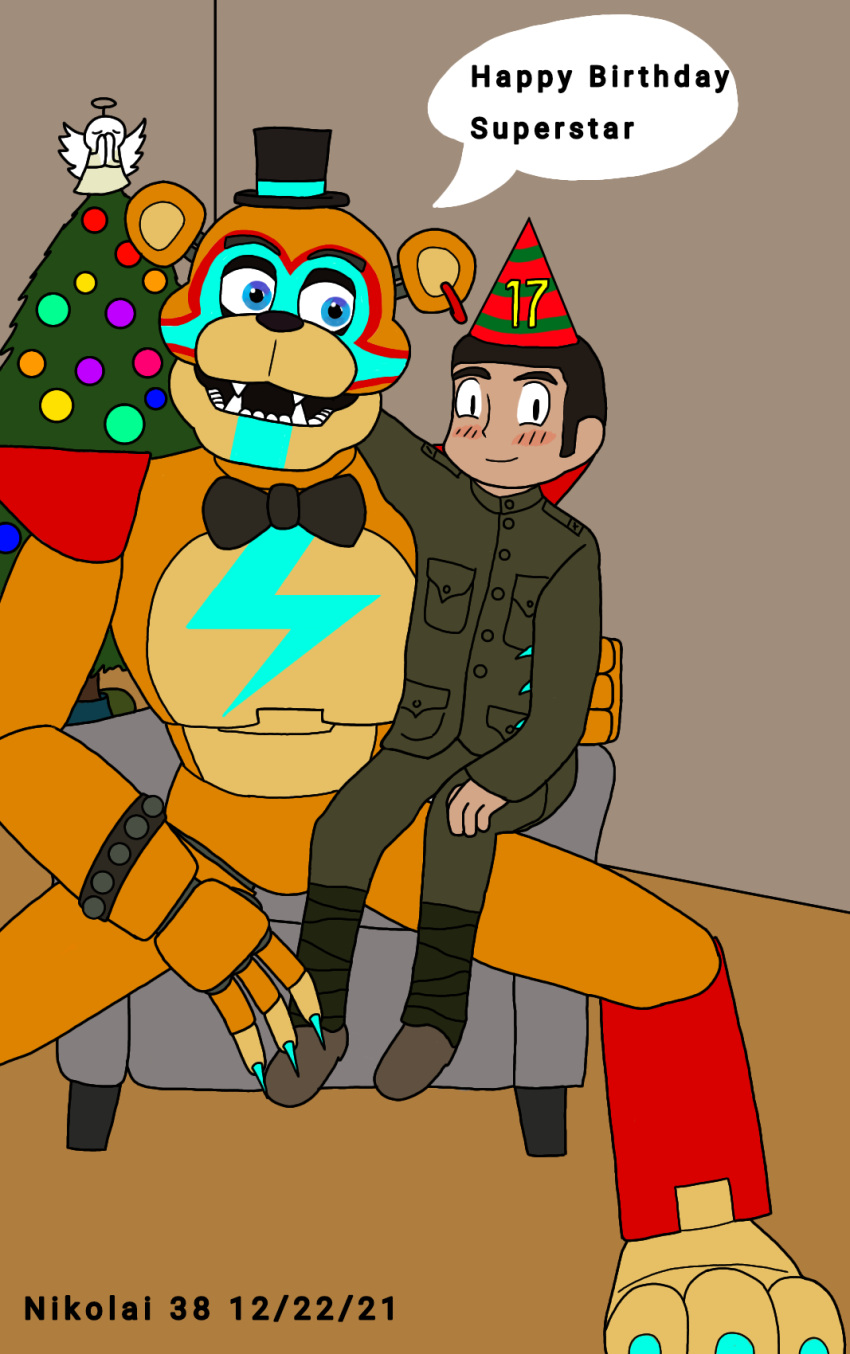 animatronic anonymous_artist birthday christmas christmas_tree five_nights_at_freddy's five_nights_at_freddy's:_security_breach glamrock_freddy_(fnaf) hi_res holidays human machine male mammal plant robot scottgames tree unknown_artist ursid video_games