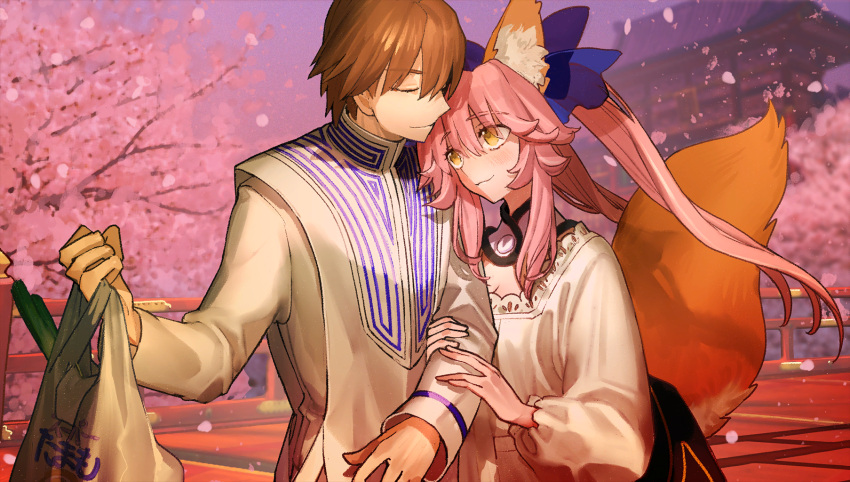 1boy 1girl animal_ear_fluff animal_ears apron arm_hug bag bangs blue_bow blue_ribbon blush bow breasts brown_hair cherry_blossoms cleavage closed_eyes closed_mouth couple eyebrows_visible_through_hair fate/extella fate/extra fate_(series) fox_ears fox_girl fox_tail game_cg good_end grocery_bag hair_bow hair_ribbon happy hetero highres holding husband_and_wife kappougi kishinami_hakuno_(male) long_sleeves looking_at_another lovestruck non-web_source official_art photoshop_(medium) pink_hair ribbon shopping_bag smile split_ponytail tail tamamo_(fate) tamamo_no_mae_(fate/extra) wada_arco yellow_eyes