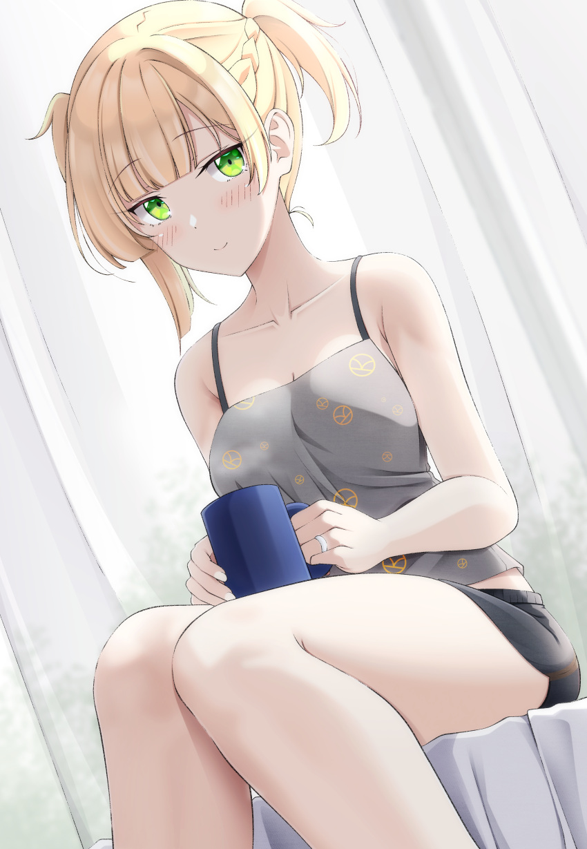 1girl absurdres asymmetrical_hair bangs bare_arms bare_shoulders black_shorts blonde_hair blunt_bangs blush braid breasts camisole cleavage closed_mouth cup curtains eyebrows_visible_through_hair feet_out_of_frame girls'_frontline green_eyes grey_camisole highres holding holding_cup jewelry keenh looking_at_viewer mug ring short_shorts shorts signature small_breasts smile solo transparent twintails wedding_band welrod_mkii_(girls'_frontline)