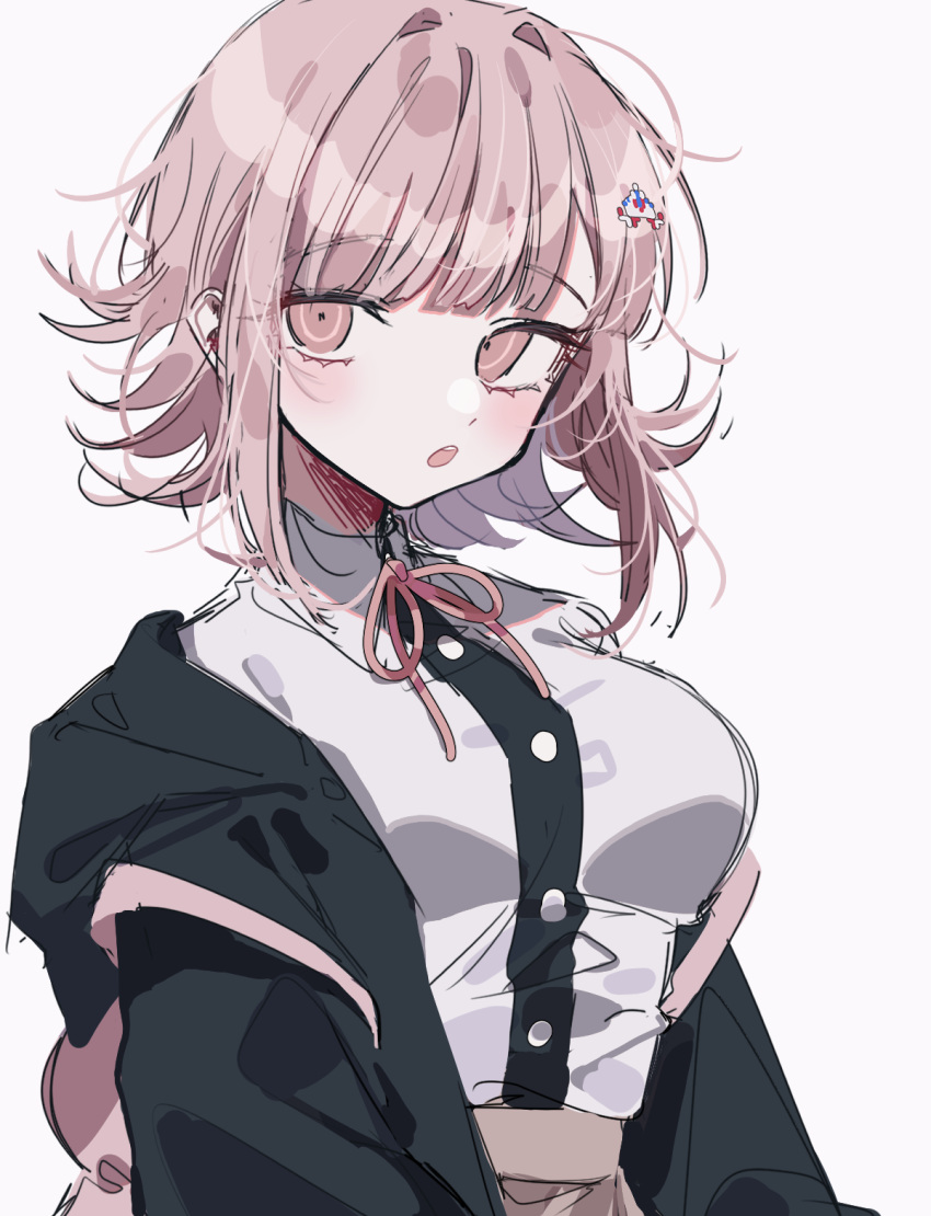 1girl 3j_dangan :o bangs black_shirt breasts brown_shirt commentary_request danganronpa_(series) danganronpa_2:_goodbye_despair dress_shirt eyebrows_visible_through_hair flipped_hair galaga grey_background hair_ornament hairclip highres jacket large_breasts long_sleeves looking_at_viewer medium_hair messy_hair nanami_chiaki neck_ribbon off_shoulder open_mouth pink_bag pink_eyes pink_ribbon ribbon shirt shirt_tucked_in simple_background sketch skirt solo teeth upper_body upper_teeth white_shirt