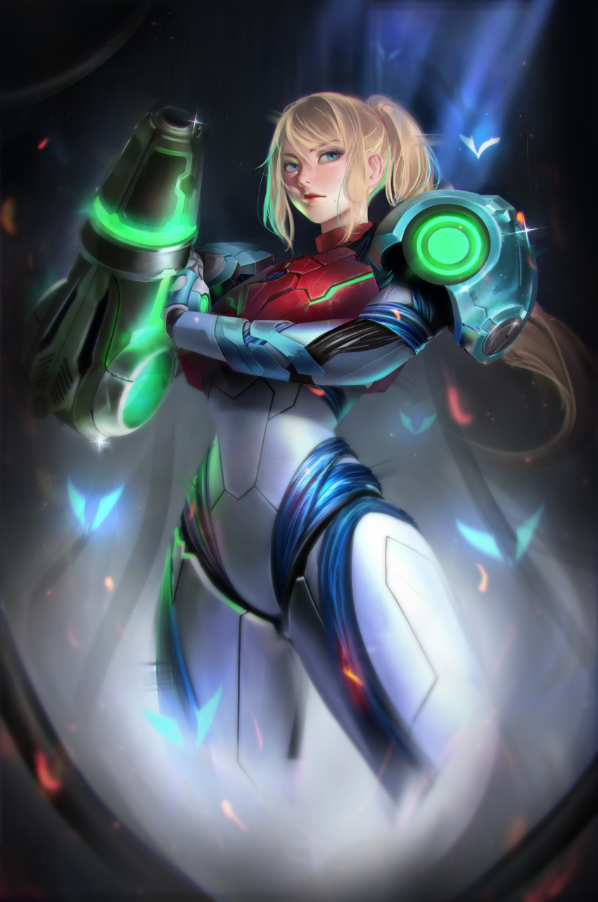 1girl absurdres arm_cannon armor bangs blonde_hair blue_eyes closed_mouth commentary highres lips long_hair mattikarp metroid metroid_dread mole mole_under_mouth neon_trim ponytail power_suit samus_aran shoulder_armor sidelocks simple_background solo standing tied_hair weapon