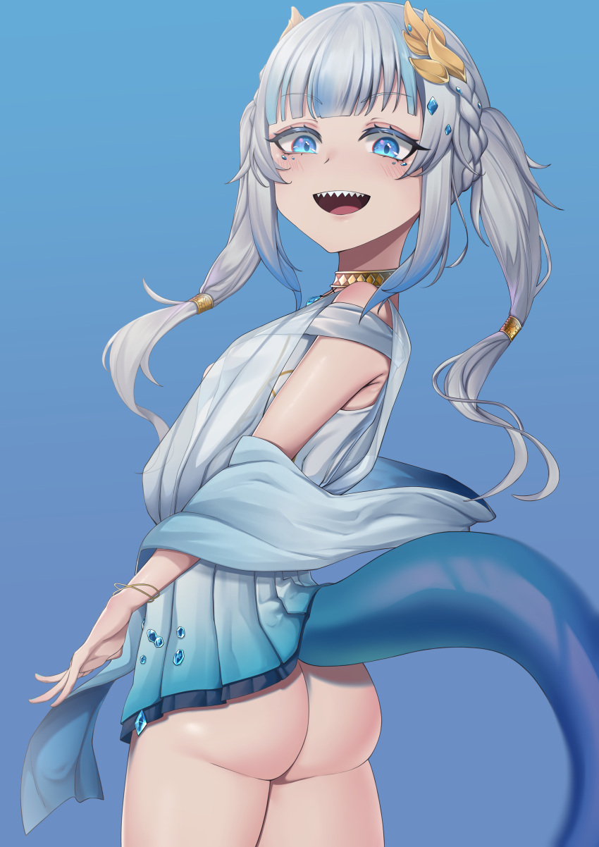 1girl absurdres ass blue_dress blush cojohn dress fish_tail gawr_gura gradient_dress highres hololive hololive_english looking_at_viewer off_shoulder shark_tail sharp_teeth tail teeth twintails virtual_youtuber