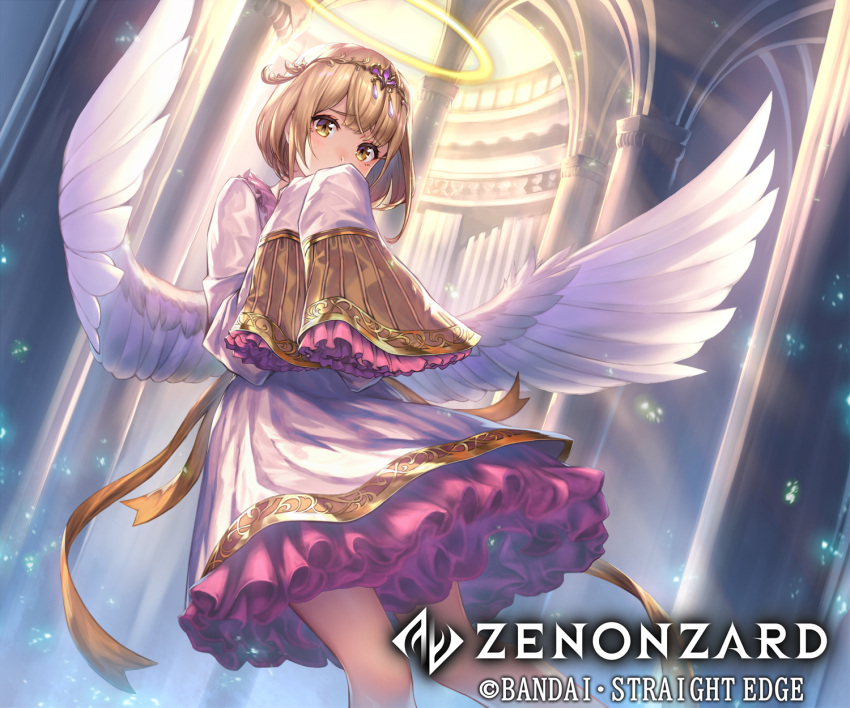 1girl angel angel_wings bangs blonde_hair crown dress essual_(layer_world) eyebrows_behind_hair eyebrows_visible_through_hair feathered_wings hair_between_eyes hair_ornament halo highres indoors looking_at_viewer official_art ribbon short_hair solo sunlight wings yellow_eyes zenonzard