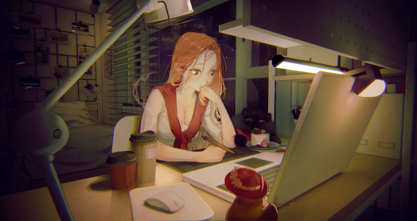 1girl biobattery breasts cat chinese_commentary cleavage closed_mouth coffee_cup commentary computer cup desk disposable_cup green_eyes hand_on_own_chin highres holding holding_pen indoors laptop large_breasts light long_hair looking_at_object milk_ko mouse night orange_hair original pen shirt sitting solo upper_body white_shirt window wireless_mouse