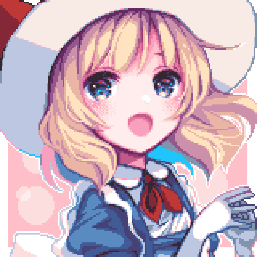 1girl :d absurdres bangs blonde_hair blue_eyes border dotted_background eyebrows_behind_hair fuyoyo gloves highres kana_anaberal looking_at_viewer open_mouth own_hands_together pink_background pixel_art short_hair smile solo touhou touhou_(pc-98) upper_body white_border white_gloves white_headwear