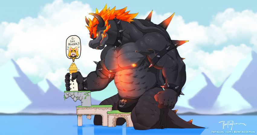 bonfiredemon bowser's_fury breath_powers clothing elemental_manipulation fire fire_breathing fire_manipulation fury_bowser hi_res horn horn_jewelry horn_ring koopa male mario_bros musclegut muscular nintendo nipples ring_(jewelry) scalie shell sky underwear vein veiny_muscles video_games