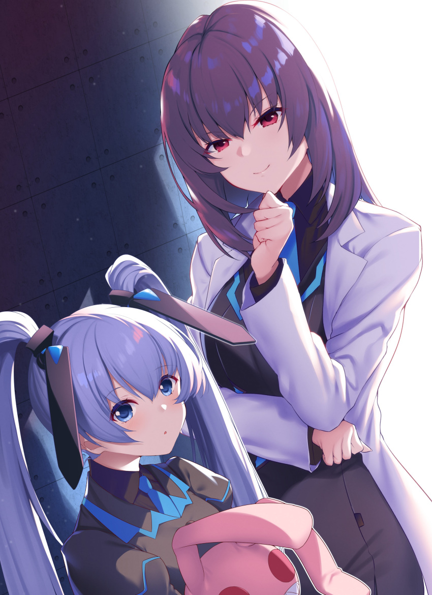 2girls absurdres bangs black_shirt blue_eyes blue_necktie collared_shirt commission eyebrows_visible_through_hair finger_to_cheek grey_jacket highres holding holding_stuffed_toy jacket juliet_sleeves kouzuki_yuuko labcoat long_sleeves looking_at_viewer medium_hair multiple_girls muvluv muvluv_alternative muvluv_alternative_(anime) necktie puffy_sleeves purple_hair raiou red_eyes second-party_source shirt skeb_commission smile stuffed_animal stuffed_bunny stuffed_toy twintails v-shaped_eyebrows yashiro_kasumi