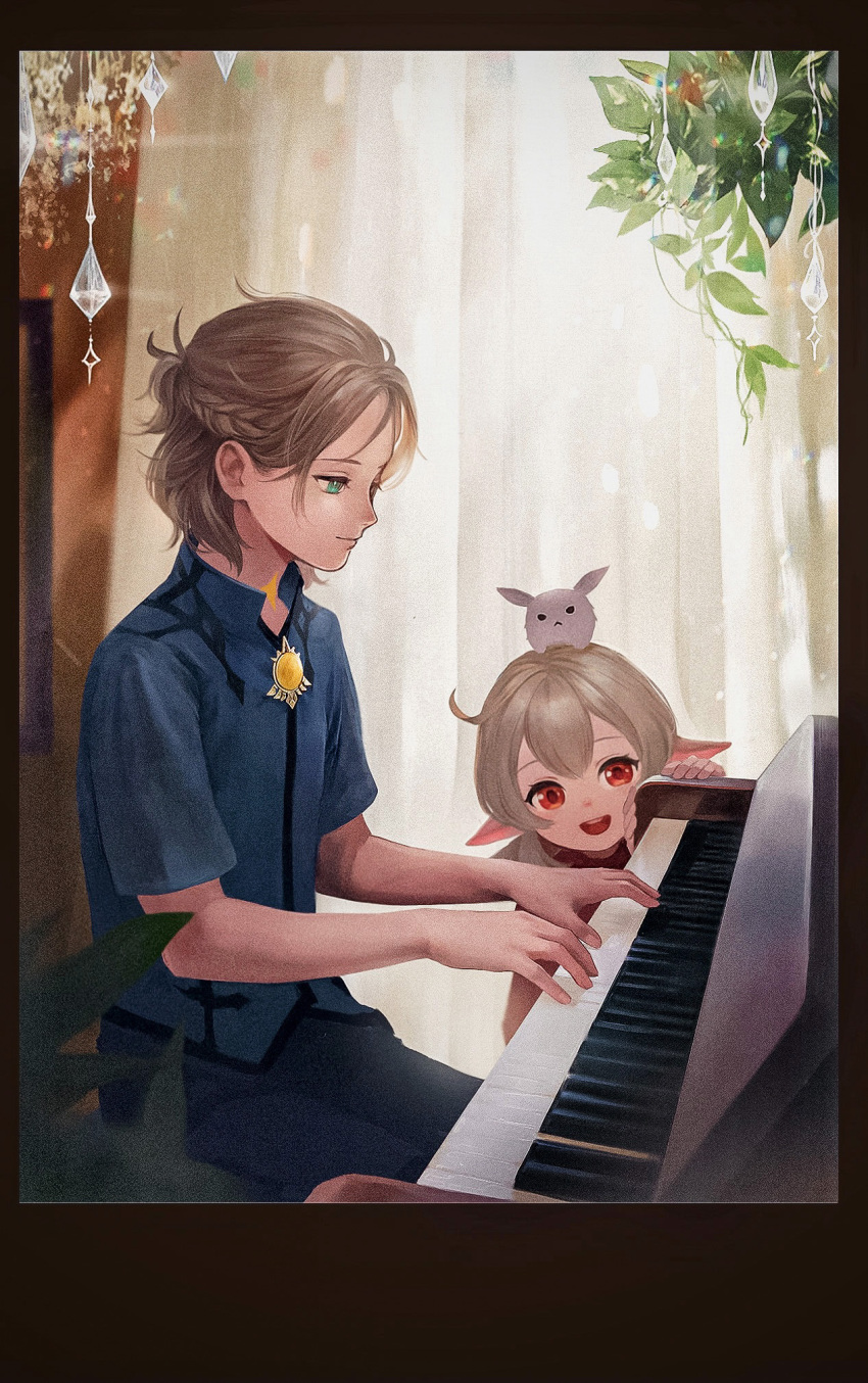 1boy 1girl albedo_(genshin_impact) anna_(drw01) bangs blonde_hair closed_mouth dodoco_(genshin_impact) genshin_impact highres indoors instrument klee_(genshin_impact) leaf music open_mouth piano playing_instrument playing_piano red_eyes scenery short_hair sitting smile standing vision_(genshin_impact) white_curtains